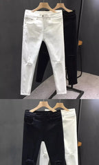 Man Luxury Clothing Men's White Ripped Jeans Spring Summer Slim Skinny Pants Korean Trendy Stretch Casual Fashion Cropped Pants