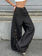 American Retro Buttoned Splicing Design Black Women's Loose Cocoon Jeans Y2K Trendy Street Fashion Versatile Wide-Leg Pants