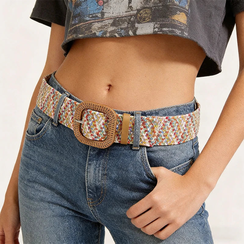 Summer Fashion Women Colorful Straw Belt Casual Bohemian Wide Summer Braided Waistbelt Buckle Elastic Female Straw Waist Belt