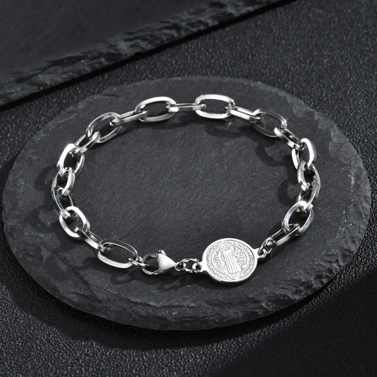 Saint Benedict Bracelet for Men,Gold Silver Color Stainless Steel Link Chain Wristband,Catholic Christian Medal Jewelry Gift