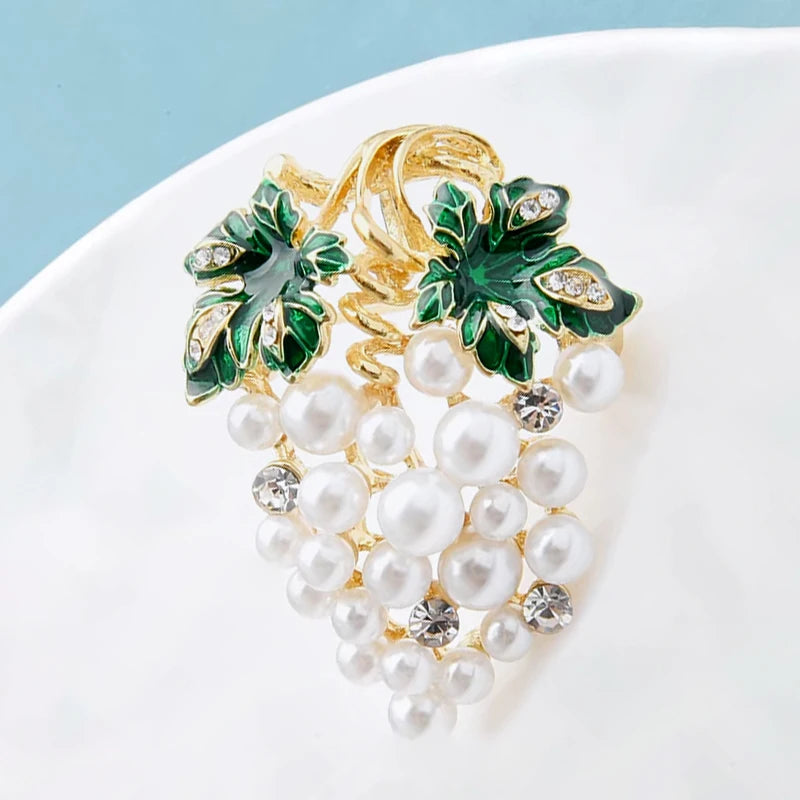 PENDRA Vinetta Full-White-Pearl Enamel Grape Brooch