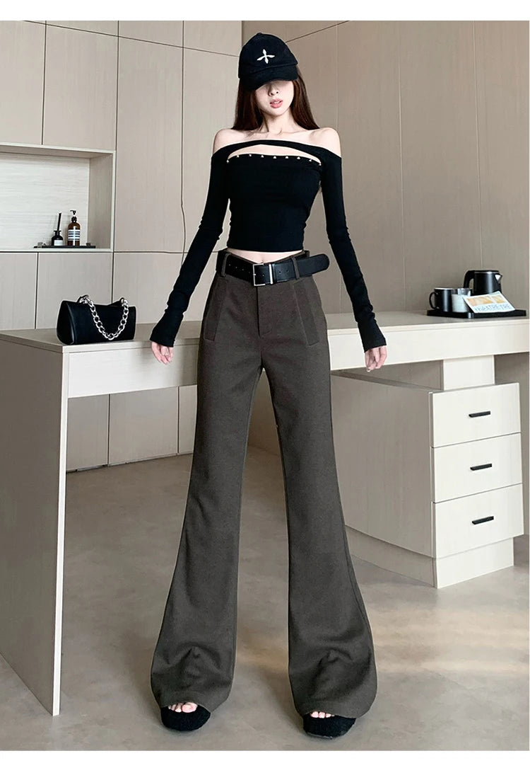 Retro solid color pants women autumn and winter high waisted casual and fashion versatile floor length flared trousers