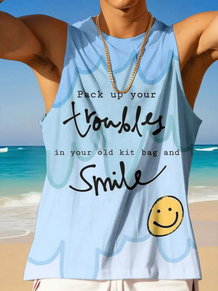 Summer Casual Everyday Sleeveless Top For Men Men's Crew Neck Tank Top With Hawaiian Print Men's Outdoor Beach Fashion Tank Top
