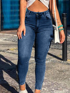 Hip lifting high waisted zipper hem tight jeans, multi pocket high stretch casual denim work pants, women's jeans and clothing