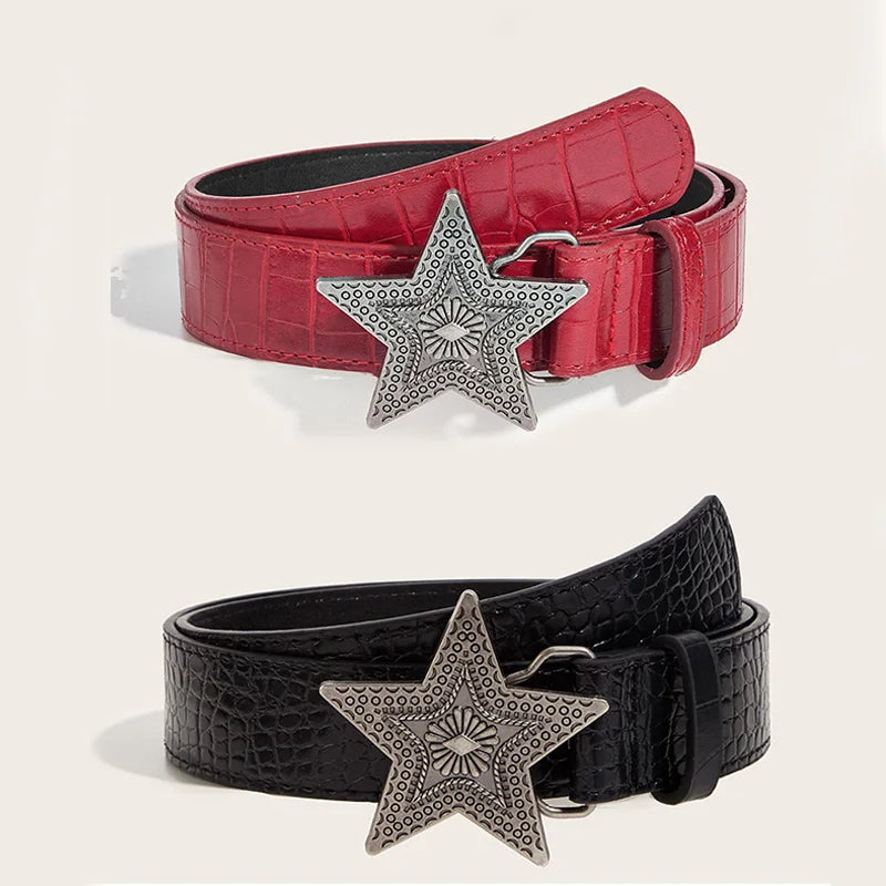 Width 3.3cm Hip-hop Retro Ladies Belt Gothic Punk Five-pointed Star Buckle Pu Leather Girdle Rock Y2k Popular Red Waistband
