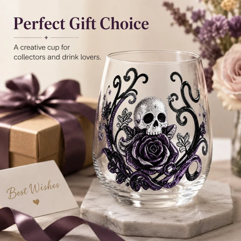 PENDRA Gothic Skull Silver-Glitter Purple-Rose Stemless Glass Tumbler