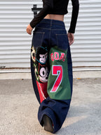 American Retro Alphanumeric Cartoon Printed Button-Down Design Cocoon Jeans, Y2K Street Hip-Hop Fashion Versatile Wide-Leg Pants For Women