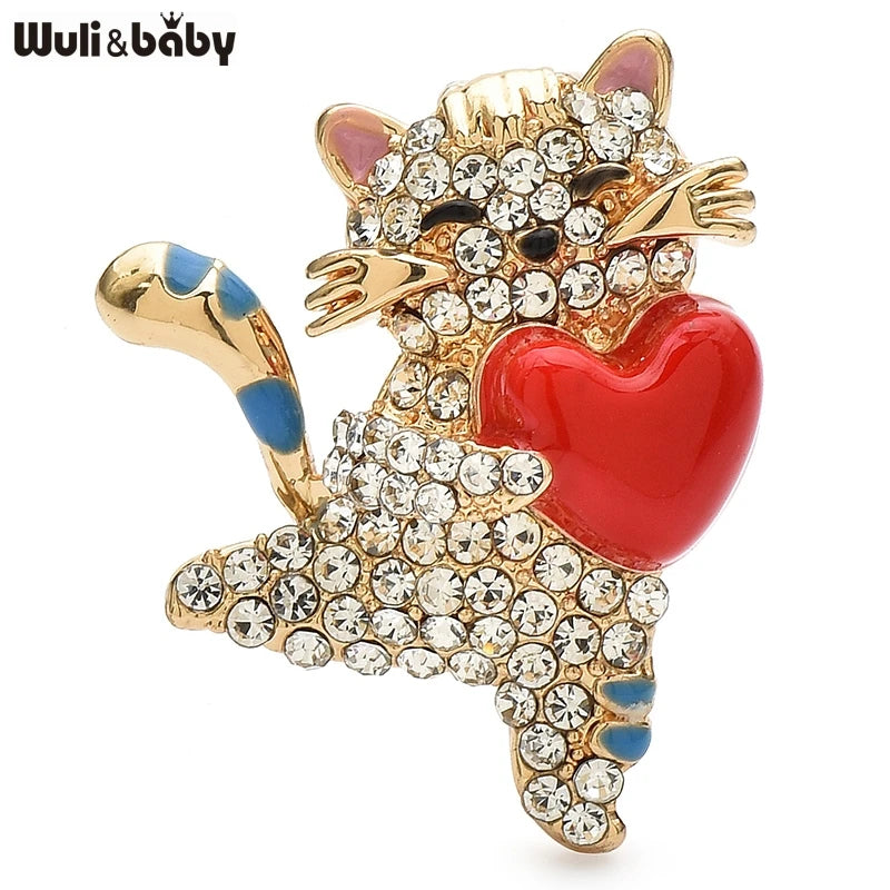 Wuli&baby Hold Heart Cat Brooch Pins For Women Lady 2-color Cute Rhinestone Pets Animal Clothes Collar Brooches Badge Gifts