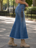 New Women's Mid-waist Stretch Washed Denim Skirt, Tie-waist Detail, Elegant Mermaid Midi Skirt, Spring/Summer Apparel