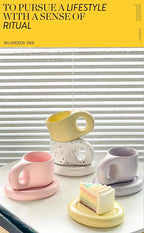 Creative chubby ceramic cup and saucer set, big handle design ins wind mug, macaron breakfast coffee