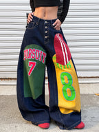 American Retro Alphanumeric Cartoon Printed Button-Down Design Cocoon Jeans, Y2K Street Hip-Hop Fashion Versatile Wide-Leg Pants For Women