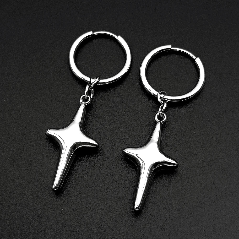 Y2K Star Swirl Earring Accessory For Egirl Boy Stainless Steel Silver Color Daily Streetwear Dark Kpop Ear Hoops Rapper Jewelry