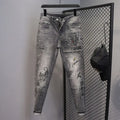 Spring and Autumn 2025 New Men's Jeans Gray Trendy Tiger Head Hot Diamond Printing Slim-fit Small Feet Trousers Men's Clothing