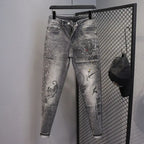 Spring and Autumn 2025 New Men's Jeans Gray Trendy Tiger Head Hot Diamond Printing Slim-fit Small Feet Trousers Men's Clothing