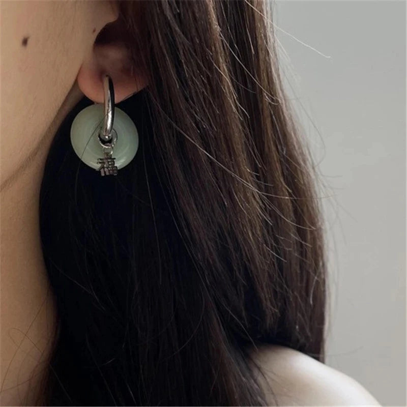 VENTFILLE Unique Green Jade Round Stainless Steel Hoop Earrings For Women Vintage Elegant Earclip Earrings Statement Jewelry