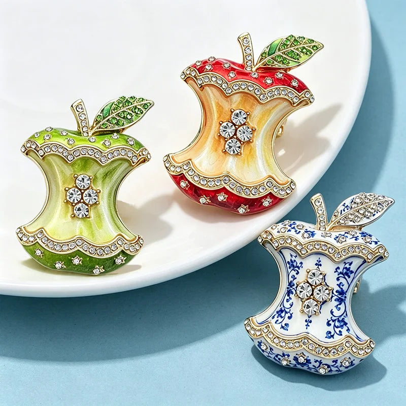 PENDRA Appletta 3-Color Rhinestone Enamel Apple Brooch