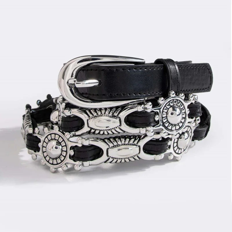 Women's Punk Chain Metal Band For Ladies Cowboy Pu Design Sense Belts Pin buckle Waistband waist Decorative On Denim Dress Coat