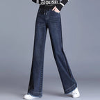 Elastic waisted denim wide leg pants women in spring and autumn new high waisted slim straight leg floor length pants