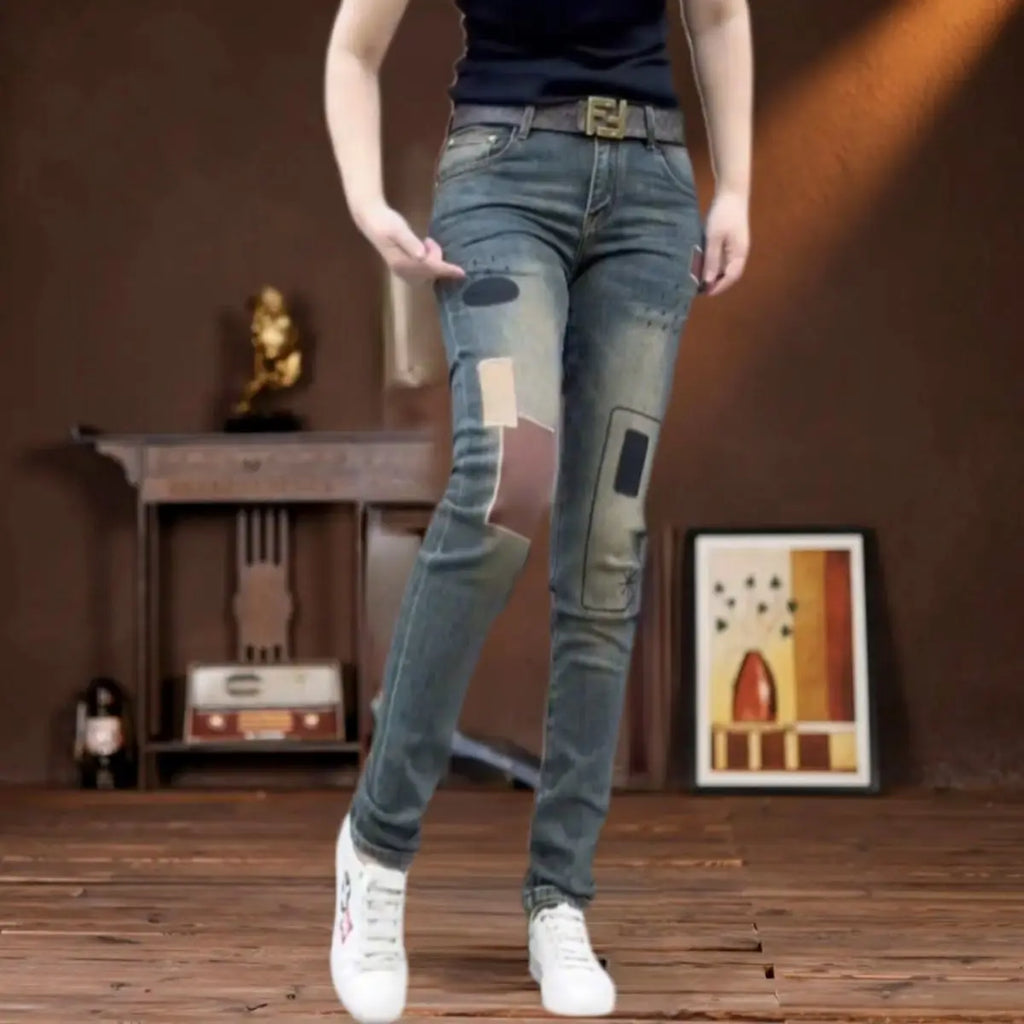 PENDRA Blue Embroidered Slim Jeans