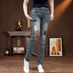 New 2026 Blue Embroidered Men's Slim-fitting Small-footed Jeans Casual Korean Fashion Patch Trend Beggar Designer Long Pants Man