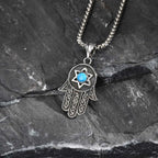 Vintage Fatima Hand Necklace for Men Boys,Stainless Steel Hexagram Turquoise Pendant,Punk Jewelry Gift