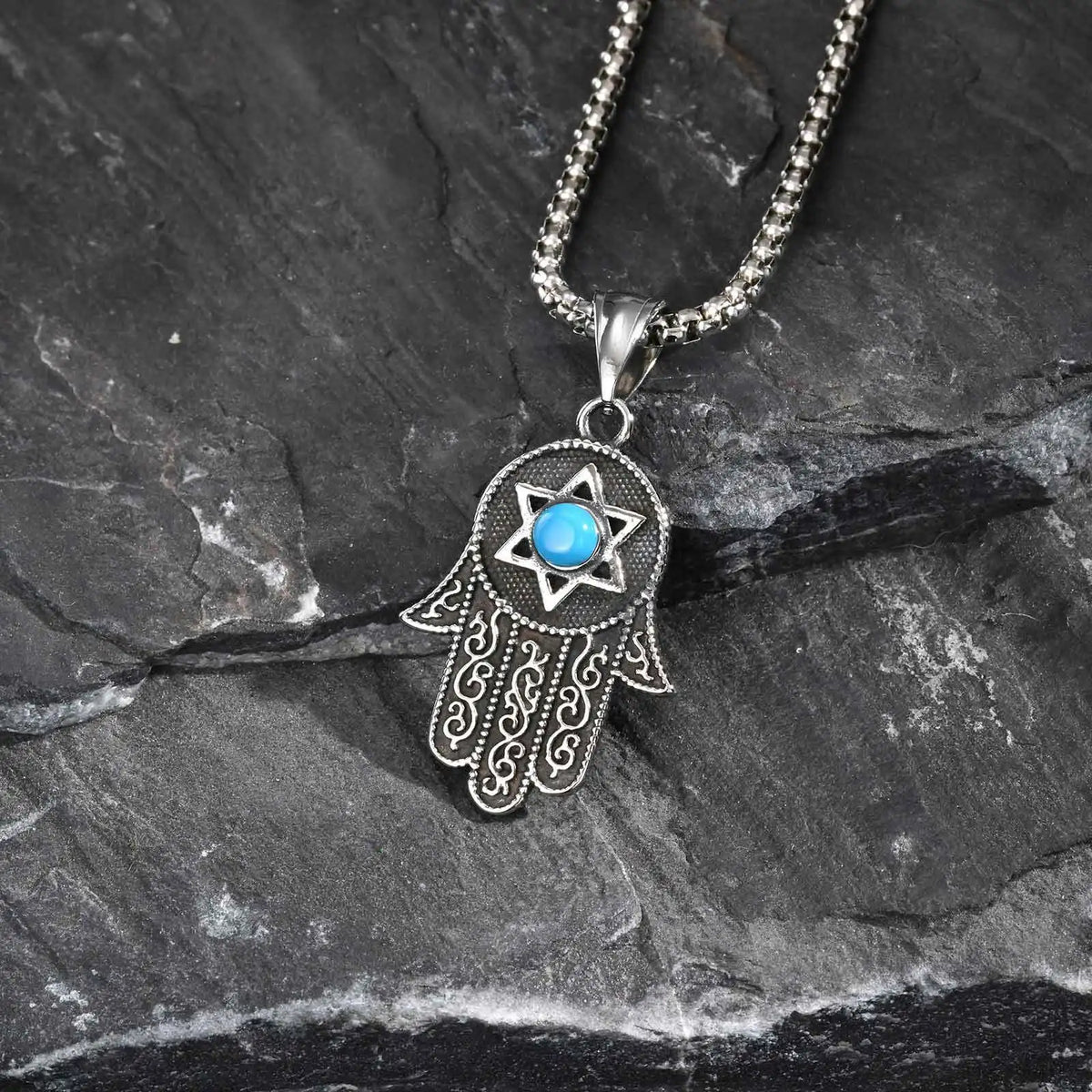 Vintage Fatima Hand Necklace for Men Boys,Stainless Steel Hexagram Turquoise Pendant,Punk Jewelry Gift