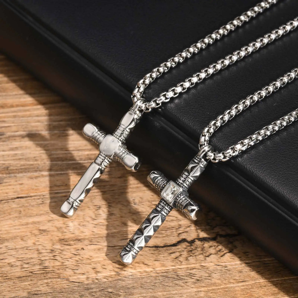 Punk Mens Cross Pendant Necklace,Silver Color Plain Cross Pendant Collar with Stainless Steel Box Chain,Exquisite Male Gift