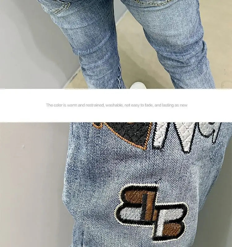 Luxury Brand Men's Slim Denim Jeans Casual Pencil Pants with Embroidery 2024 New Korean Fashion Autumn Summer Blue Long Pants