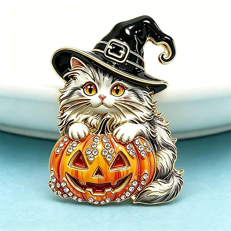 PENDRA Witch-Hat Pumpkin Cat Brooch
