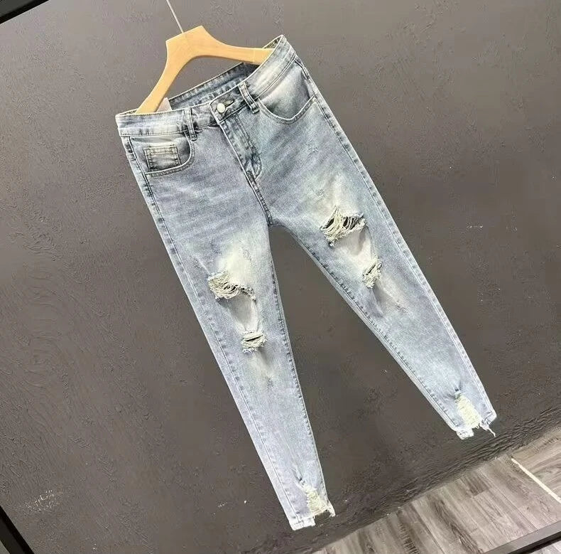 Summer New 2026 Ripped Jeans Men's Trendy Brand Casual Elastic Slim Fit Small Feet Ruffian Handsome Beggar Pencil Pants