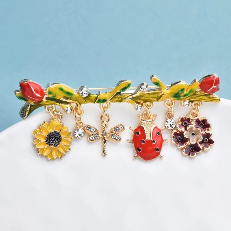 PENDRA Insectflora Cute Insect and Flower Brooch