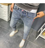 Summer light color jeans men's retro fashion brand embroidery slim fit small feet Korean fashion casual thin nine point pants