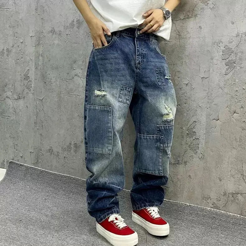 Brand Splicing Jeans Autumn Fashion Loose Straight Harem Pants Washed Tooling Baggy Trousers Low Rise Streetwear Men Cargo Jeans