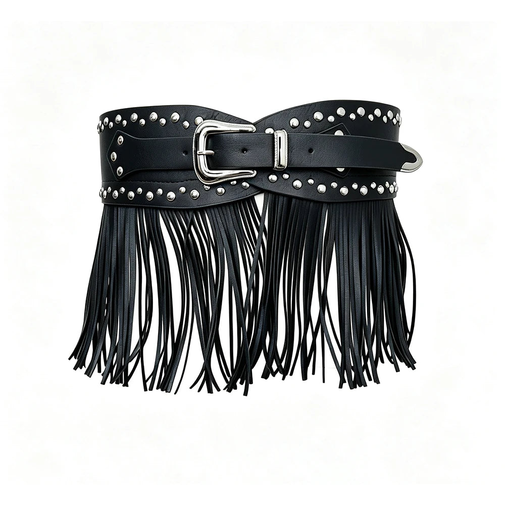 Vintage Punk Style Long Tassel Gothic Design PU Leather Belts For Woman Y2K Harajuku Personality Street Spice Girl Wide Belt