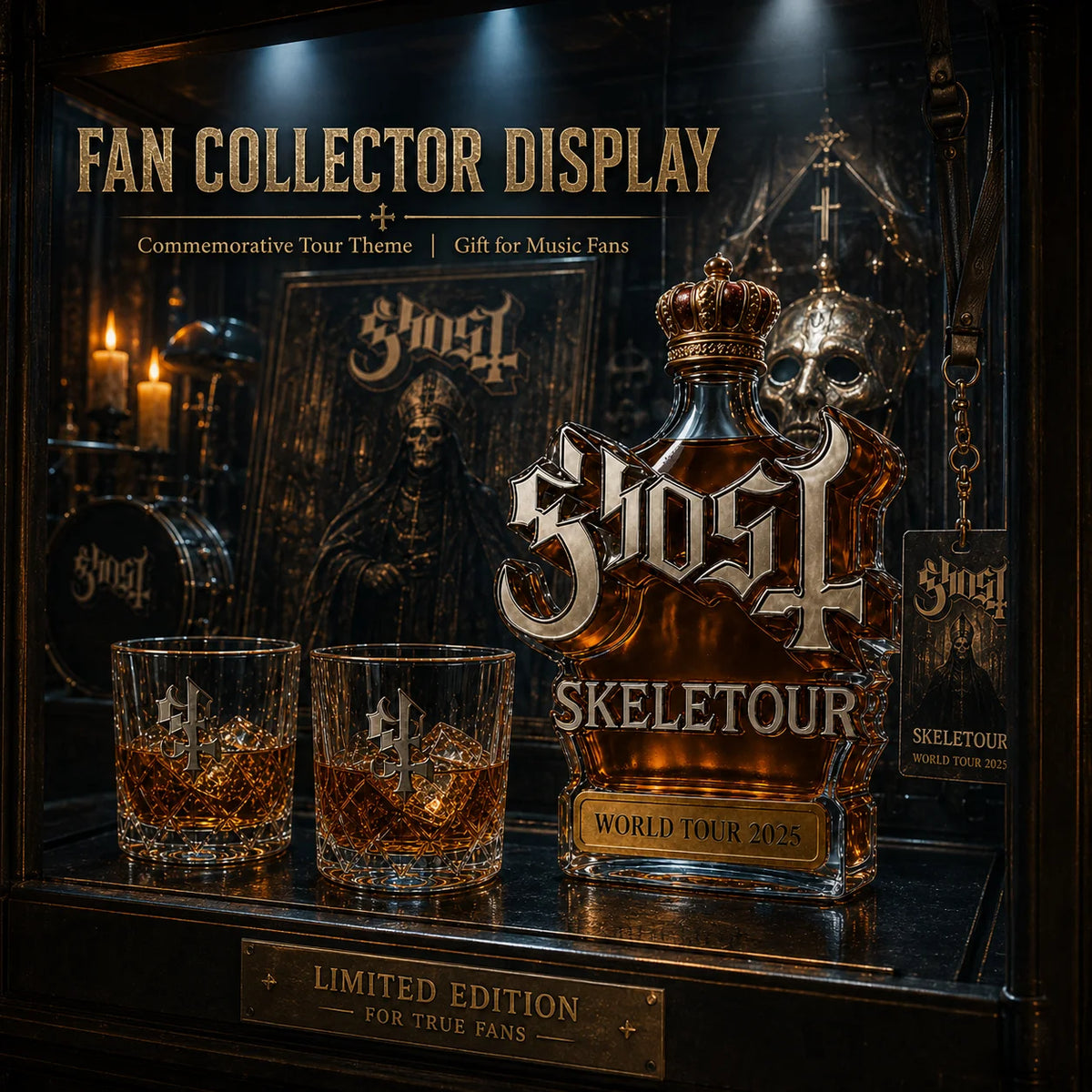Ghost Skeletour World Tour Whiskey Decanter Gift Set, Glass Liquor Bottle with Tumbler Cups, Fan Collection Decor