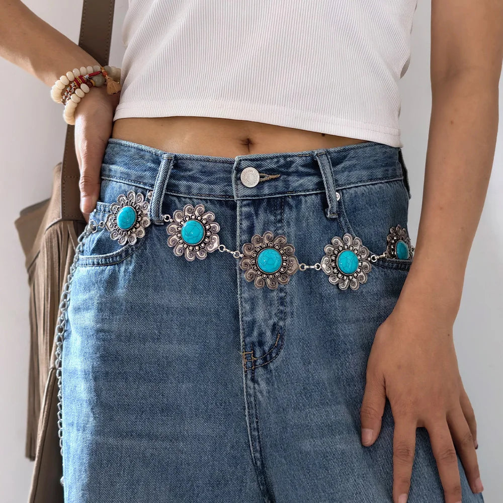 New Bohemian Coin Exaggerated Big Turquoise Waist Chain for Women Retro Ethnic Style Alloy Dance Waistband Female Body Jewelry