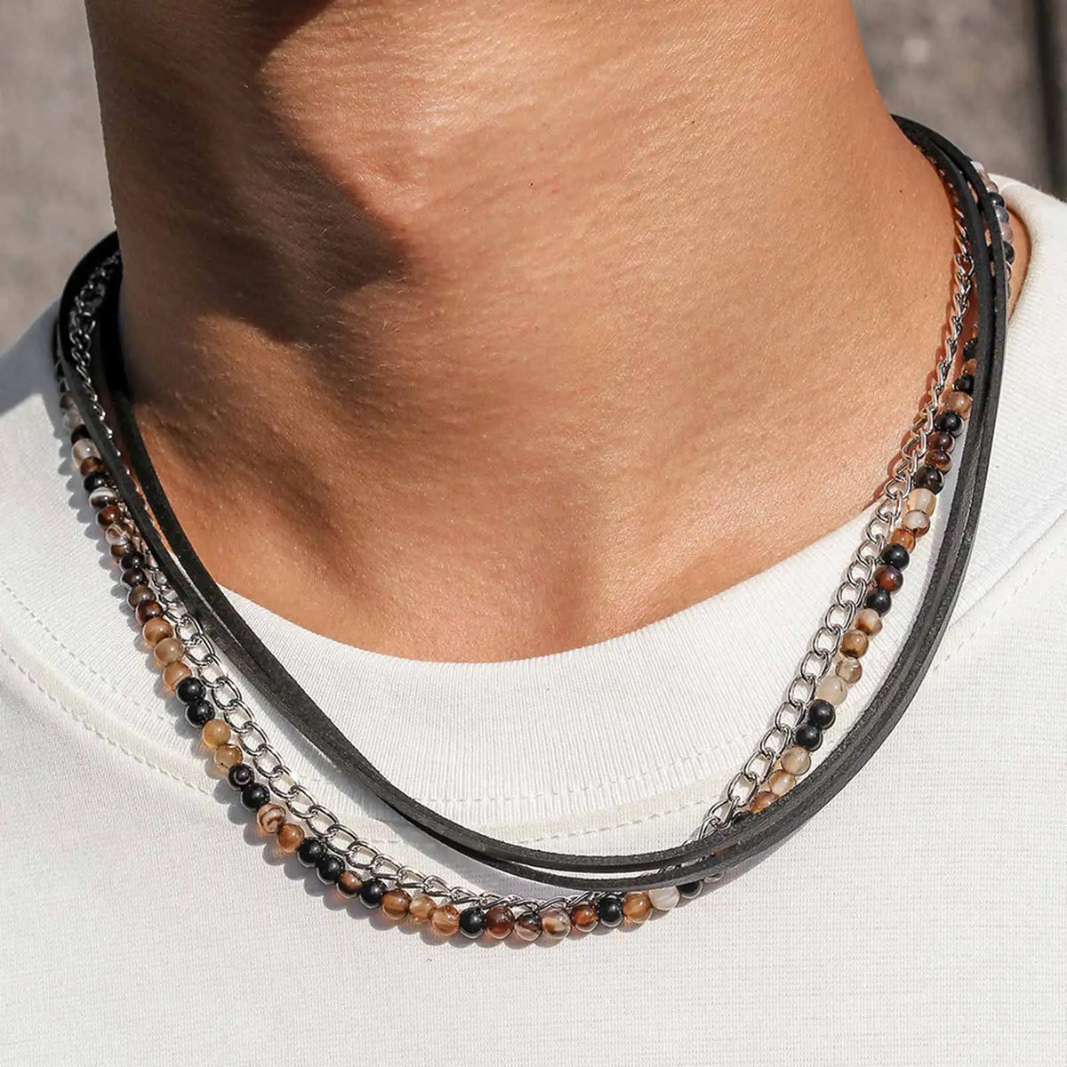 Rock Punk Layering Necklace for Men,Casual Vintage Beads Leather Collars,Birthday Party Jewelry Gift