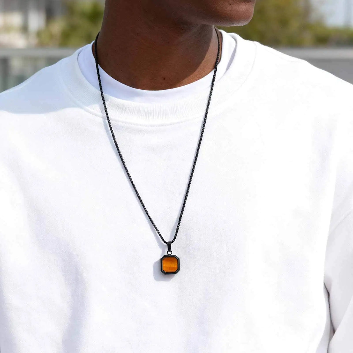 Brown Tiger Eye Stone Necklace for Men,Natural Stone Square Stainless Steel Necklace,Christmas  Anniversary Jewelry Gift