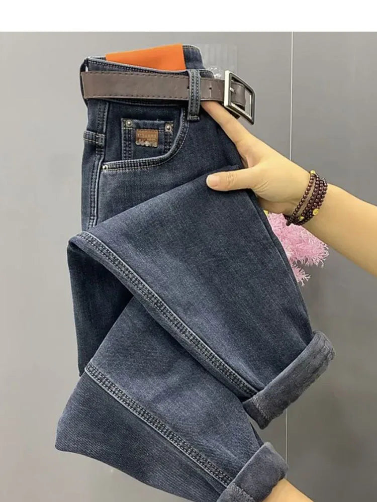 Autumn Winter High Waist Straight Jeans Women Loose Fit Stretch Haren Denim Pants Vintage Ladies Ankle-Length Jeans Pants 5XL