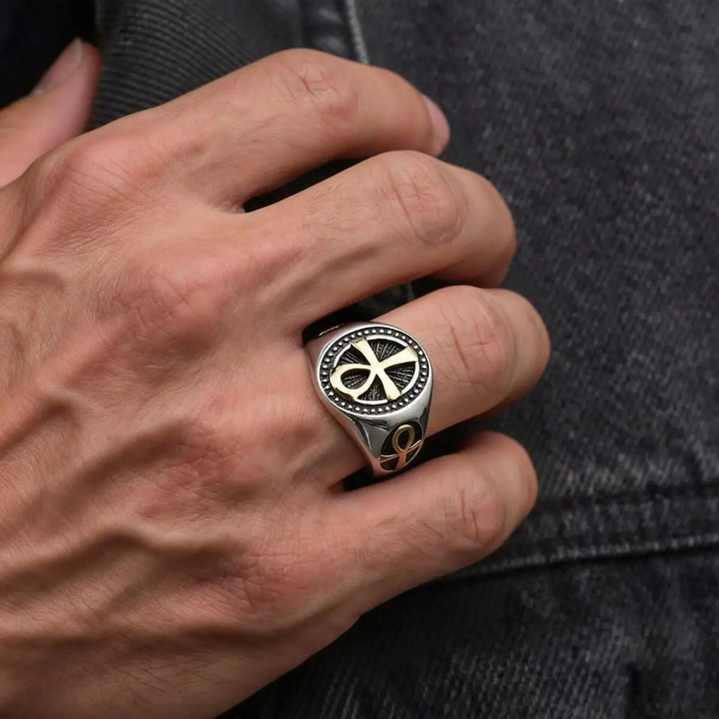 Punk Ankh Cross Rings for Men,Vintage Stainless Steel Signet Ring Statement Ring,Religious Amulet Jewelry Gift