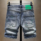Washed Ripped Denim Men's Trendy Brand Spray Paint Medium Summer Thin Elastic Patch Bermuda Short Pants Men's Jeans Shorts