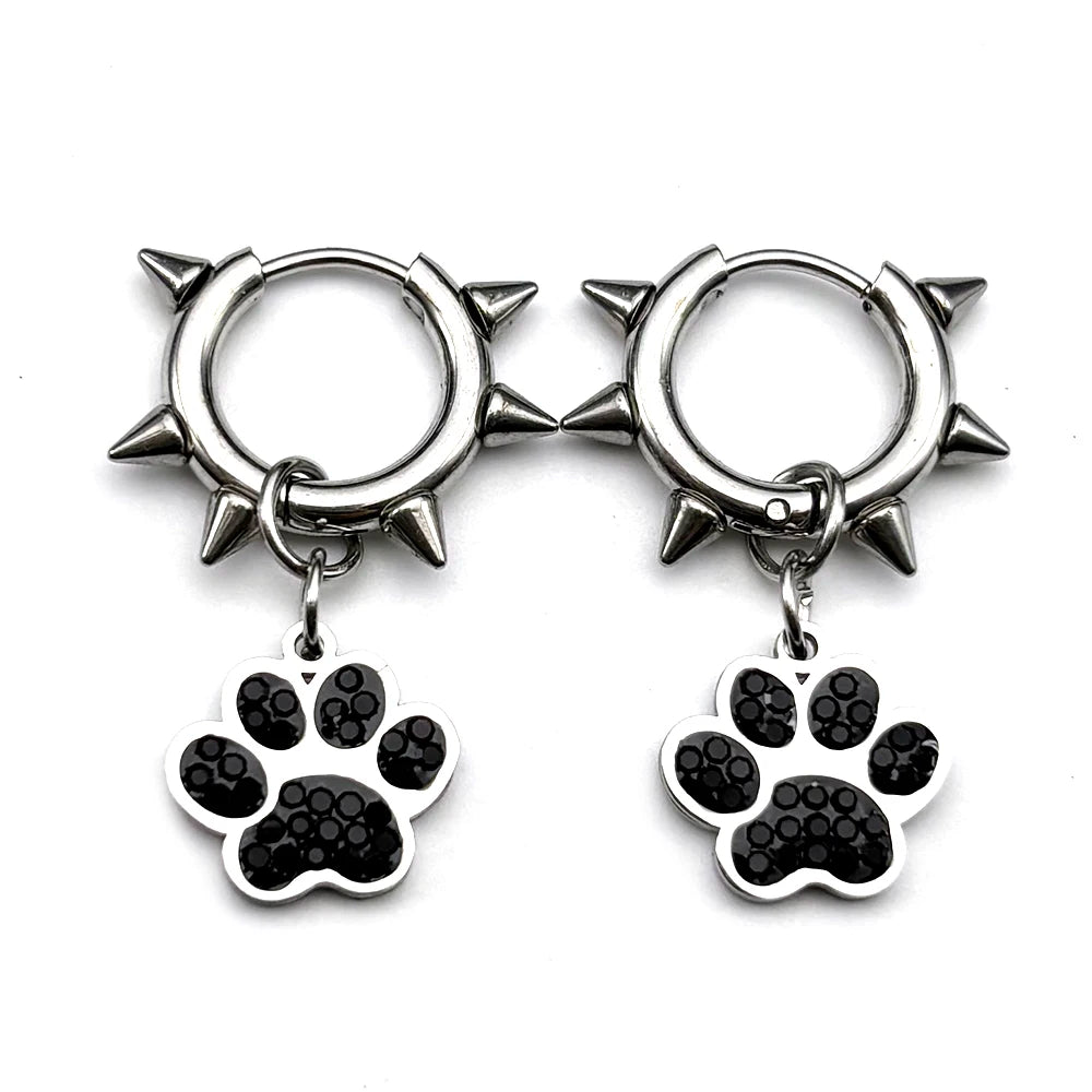 Dark Punk Dog Paw Rivet Earrings For Women Men Stainless Steel Silver Color Gothic Punk Trendy Hoop Ear Rings Jewelry Gifts