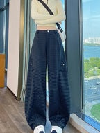 American style woolen plaid cargo pants women's autumn winter new plush casual versatile loose machete wide leg pants