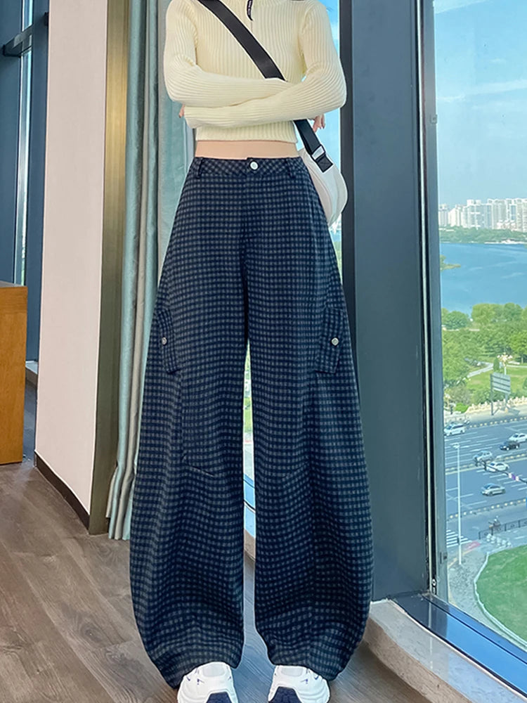 American style woolen plaid cargo pants women's autumn winter new plush casual versatile loose machete wide leg pants