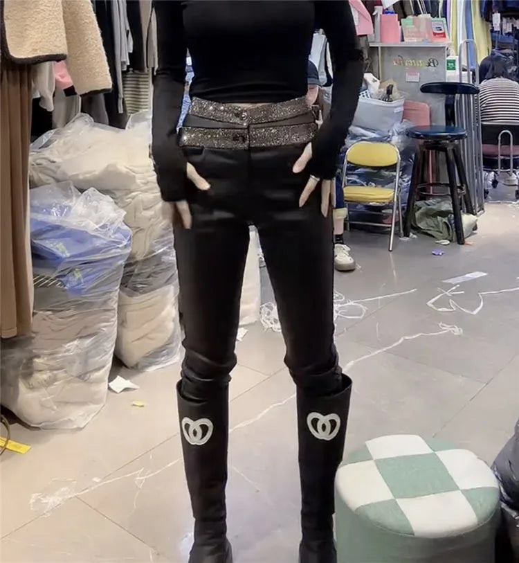 PENDRA Waist Leather Diamond Pants