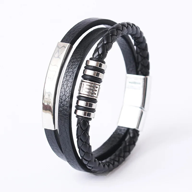 Black Multi Layers Leather Bracelet for Men,Metal Tube Charm Handmade Braided Rope Leather Bracelet,Gift for Husband Dad Son