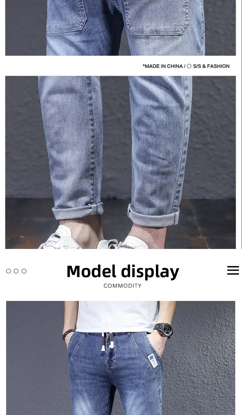 Man Fashion Elastic Waist Denim Jeans Men's Elastic Slim-fit Harlan 2026 New Light-colored Casual Trend Drawstring Men's Pants