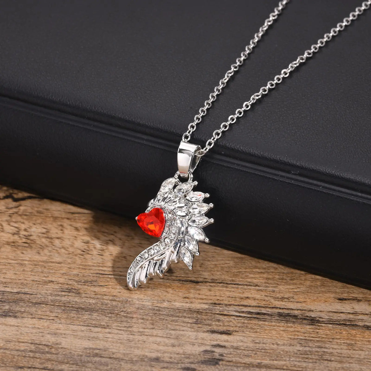 Mprainbow Angel Devil Wings Couple Pendant with Red Heart Stone,Black and White Simple Valentine's Day Gift Necklace Set