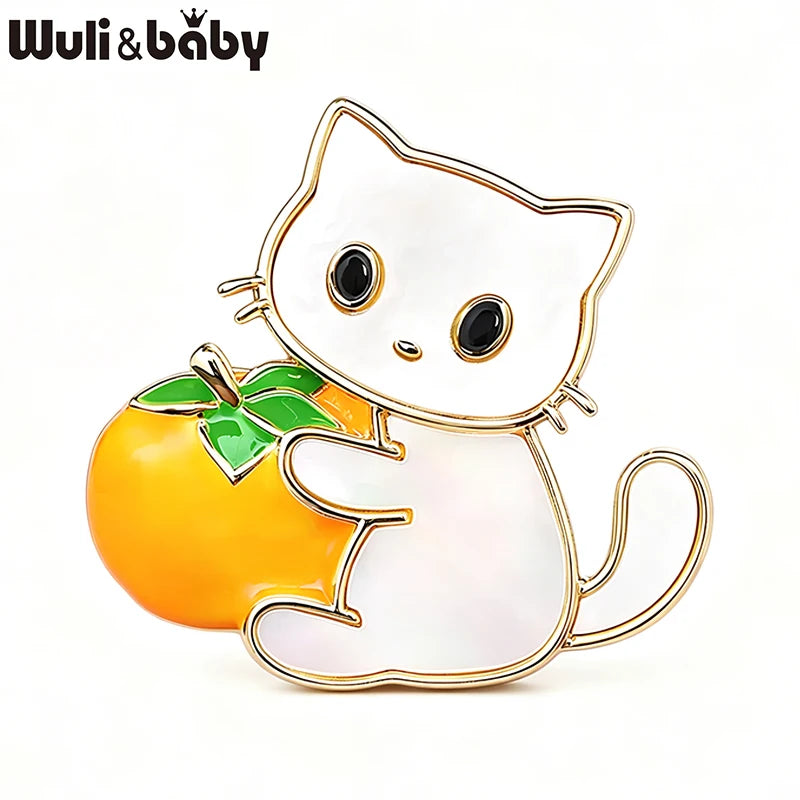 Wuli&baby Lovely Holding Persimmon Tomato Cat Brooches For Women Unisex Pets Animal Party Casual Brooch Pin Gifts