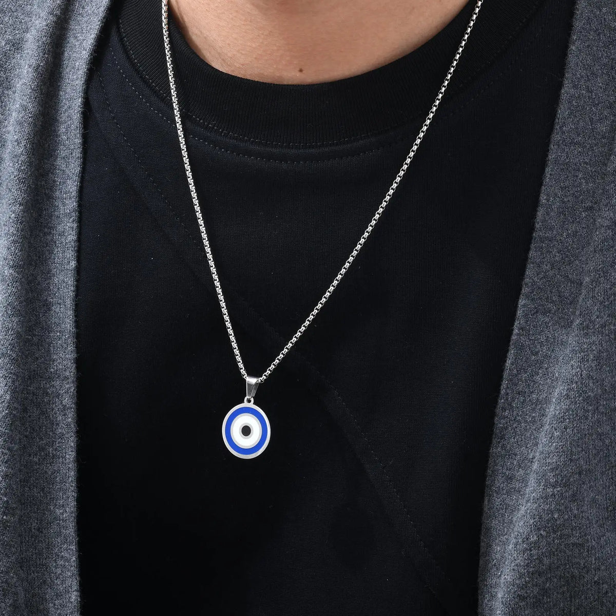 Vintage Evil Eye Pendant Necklace for Men,Stainless Steel Blue Vertical Cat Eye Charm Pendant Necklace,Punk Amulet Jewelry Gift